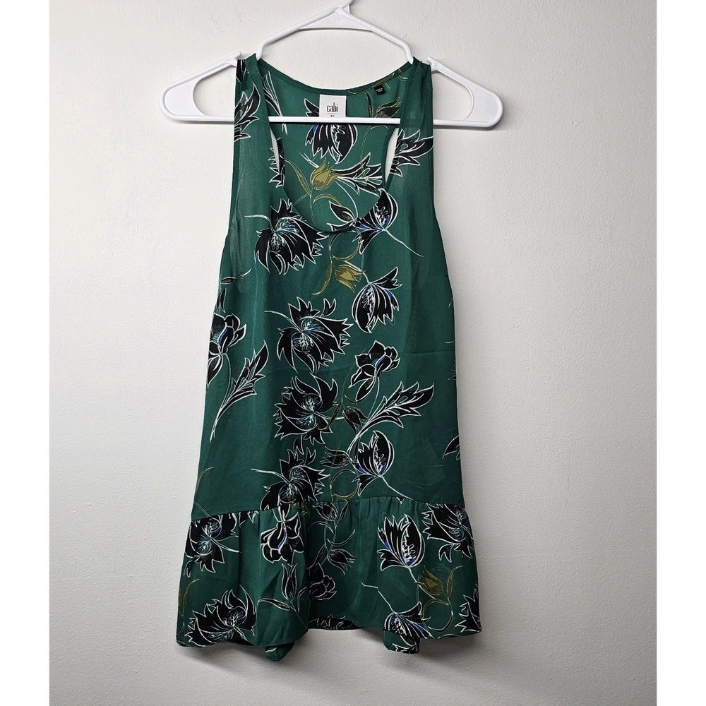 CAbi Zoe Falling Flowers Tank Womens XS Green Black Racerback Ruffle Hem‎ EUC